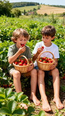 Happy Children with Baskets of Strawberries at Countryside Berry Field

