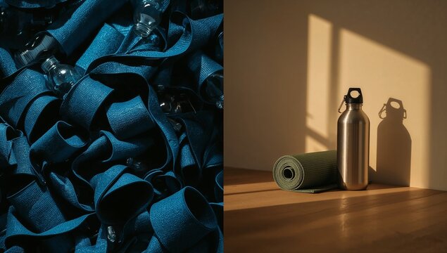 Textured blue yoga mats and steel water bottle on wooden surface  