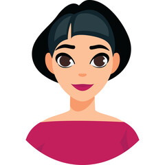 Stylized Avatar Portrait of a Young Woman with Short Dark Hair and Dark Eyes Wearing a Magenta Off Shoulder Top with a Transparent Background Flat Illustration