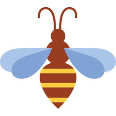 Stylized bee illustration with transparent background featuring brown body yellow stripes and light blue wings isolated on white