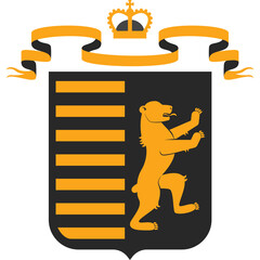 Stylized Coat of Arms Featuring a Rampant Golden Bear on a Black Shield with Orange Horizontal Bars and a Golden Crown Above a Decorative Orange Banner on a Transparent Background