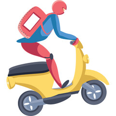 Stylized Figure Riding a Yellow Scooter with a Red Backpack Delivering Goods on a Transparent Background