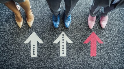 Three business people standing together, showcasing diverse shoes with arrows.