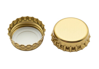 Two golden bottle caps one open and one closed isolated on transparent background