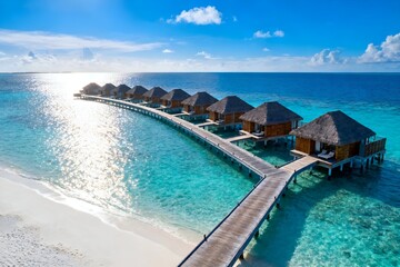 Idyllic Luxury Island Resort with Overwater Huts and Clear Blue Sea