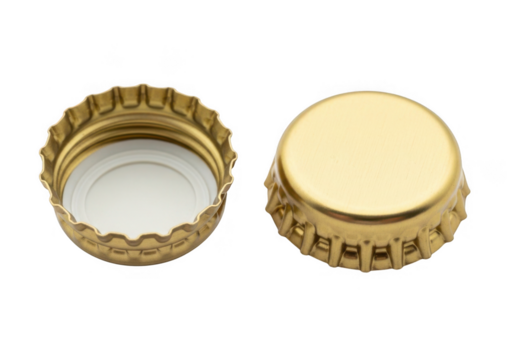 Two golden bottle caps one open and one closed isolated on transparent background