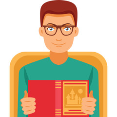 Smiling Man Wearing Glasses Holding a Red Book With a Decorated Cover in a Teal Long Sleeve Shirt and Orange Chair Against a Transparent Background