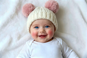 Adorable Smiling Baby Girl in Cozy Knit Hat with Pink Pom-Poms