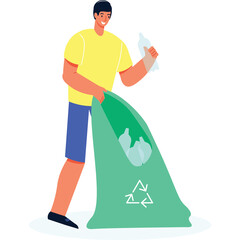 Smiling Young Man in Yellow T-shirt and Blue Shorts Collecting Plastic Bottles into a Green Recycling Bag with Recycling Symbol on a Transparent Background
