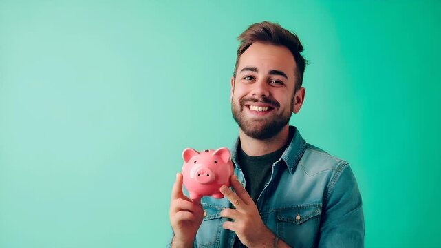 Money saving deposit financial planning concept. A man in a denim shirt holds a pink piggy bank against a turquoise background.