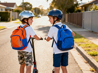 School Kids Riding Scooters on Sunny Morning