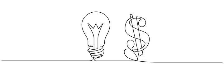 Continuous one line drawing of electric light bulb with dollar sign vector illustration. Isolated on transparent background