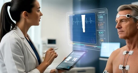 Doctor examining patient with advanced medical technology and digital interface - Powered by Adobe