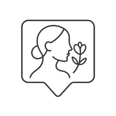 Minimalist line vector of a female silhouette with flower in square pin shape, representing natural care, softness, and skincare balance.