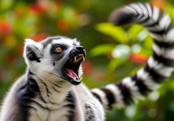 Obraz premium Cute ring-tailed lemur (Lemur catta) portrait on a tree branch, a wild mammal from Madagascar with black and white striped fur and eyes looking at the viewer