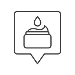 Minimalist line vector of a cream container with droplet in square pin shape, representing skincare, hydration, and self-care treatment.