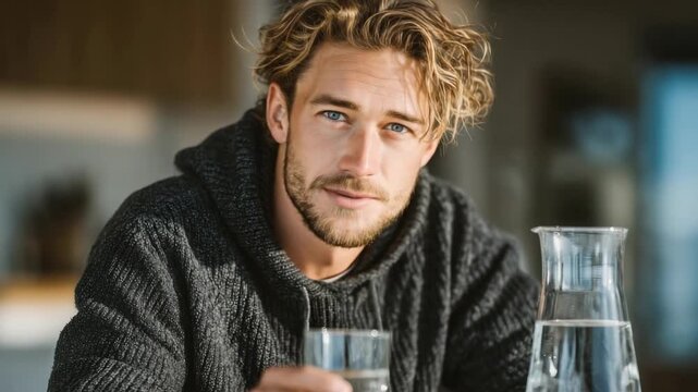 Young man enjoys refreshing water while sitting indoors in cozy sweater and thoughtful mood