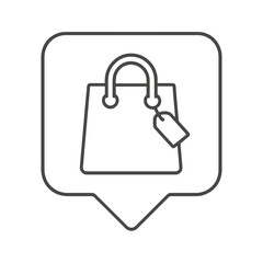 Thin-line shopping bag icon inside a square pin, symbolizing purchase and retail. Perfect for e-commerce designs, market visuals, and store branding.