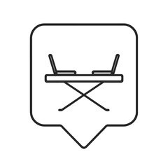 Minimalist line vector of a shared office table with two computers in square pin shape, representing coworking, connection, and teamwork productivity.