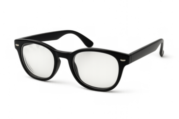 Black framed retro eyeglasses providing vision support and style, reflecting light, with a transparent background