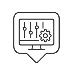 Obraz premium Minimalist line vector of a computer screen with sliders and gear in square pin shape, representing digital setup, control, and software management.