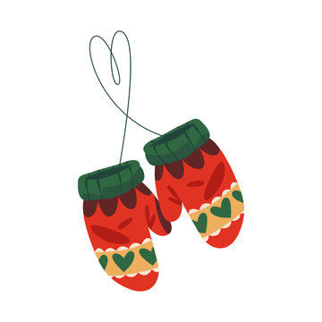 Winter gloves vector icon. Warm handwear. Apparel for cold season or knitted garment accessory for snow, frost. Outdoor clothing for hand cover. Wintertime stitched wool attire. New year gift element.
