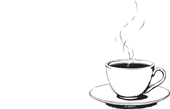 Minimalist black and white sketch of steaming coffee cup on saucer for cafe menu and morning design themes