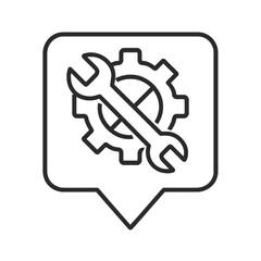 Thin-line wrench and gear icon inside a square pin, symbolizing setup and system repair. Perfect for configuration dashboards and technical maintenance designs.