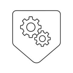 Thin-line interlocking gears icon inside a square pin, symbolizing process coordination and setup. Perfect for configuration systems and technical dashboards.