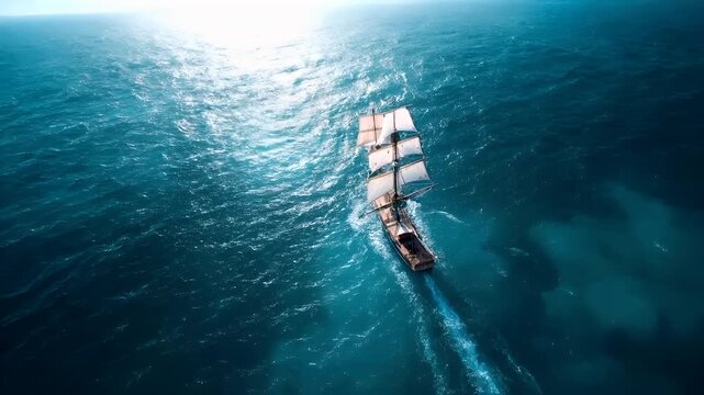 Aerial view of sailing ship in ocean with white sails and wooden hulls, surrounded by turquoise waters. The ships sails are white, and the hull is a rich brown.