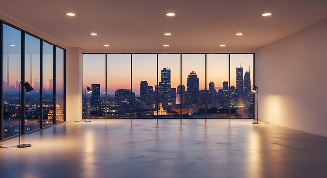 Modern minimalist interior with illuminated cityscape at dusk panorama view