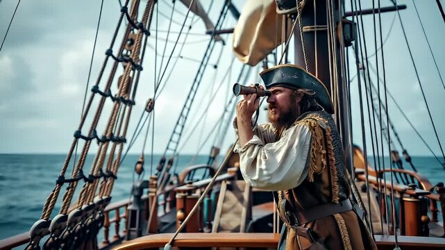 A man in a pirate costume on the deck of a ship, looking through binoculars. The ships rigging is visible in the background, and the sea stretches out to the horizon.
