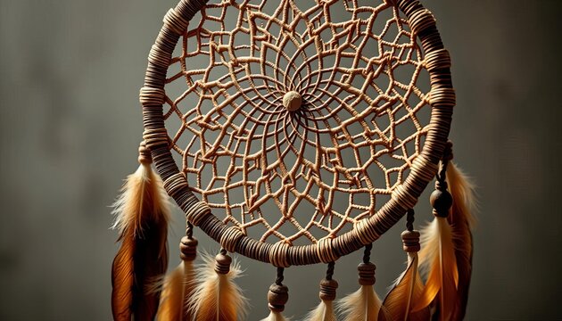 Intricate woven dreamcatcher with feathers and beads, boho style, artisan, boho