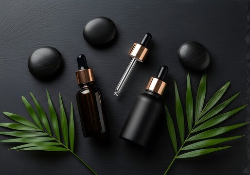 Luxury skincare set with dropper bottles and massage stones, accented by lush green palm leaves on a dark, textured background