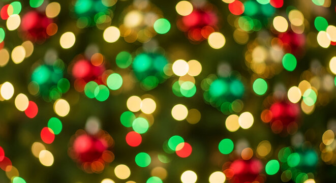 Out-of-focus, multiple circular light spots in red, green, and gold, creating festive, vibrant ambiance, representative of celebration and joy