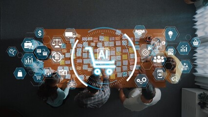 This image captures a dynamic team brainstorming innovative e-commerce strategies enhanced by AI technology. It highlights collaboration, planning, and data analysis to drive business growth. Raster