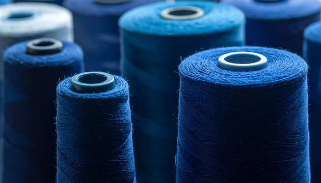 A close-up of blue thread spools with varying shades and textures, creating a visually rhythmic, textile arrangement