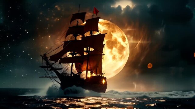 A vivid portrayal of a sailing ship under the moonlight, with its sails billowing and the ships hull illuminated by the moons glow. The ship is set against a backdrop of a large, glowing moon.