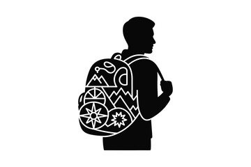 Black silhouette of a man wearing a backpack with mountain and compass designs travel adventure