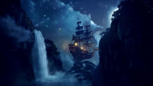 A digital artwork depicting a ship floating in the night sky. The ship is illuminated from within, casting a warm glow on its hull and sails. The sky is a deep blue.