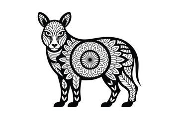 Silhouette Black and white stylized wolf or dog with intricate mandala patterns on body and face
