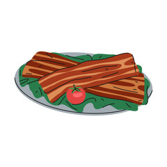 Bacon meat or American, English food on plate. Vector crispy fired pork slice served for breakfast or brunch meal. Side dish icon for salty cuisine. Snack or garnish. Grilled meal strips. Culinary.