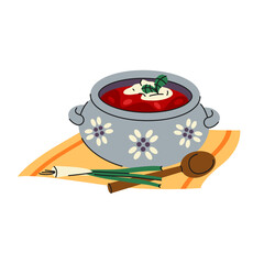 Borsch or beetroot soup. Vector traditional Ukrainian or Slavic red vegetable broth with beet, cabbage, potato, carrot, onion. Eastern European meal or dish. Cooked food in bowl. Family dinner icon.