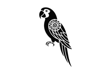 Black silhouette of a parrot with a decorative circular pattern on its chest against a white background