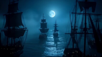 A digital artwork depicting a fleet of ships in a misty sea under a full moon. The ships are illuminated by the moonlight, casting a soft glow on their hulls and the surrounding waters.
