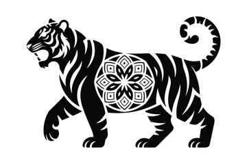 Black silhouette of a walking tiger with intricate mandala pattern on its side white animal