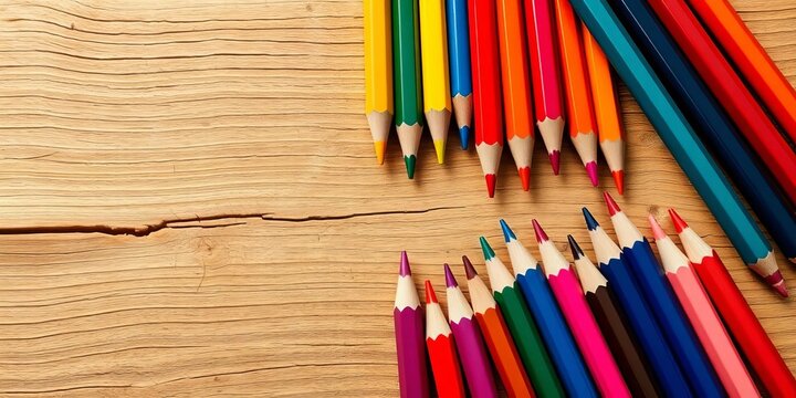 Vibrant colored pencils arranged artfully on textured wood, craft, texture