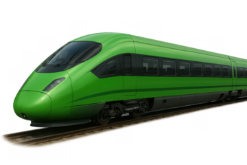 Green high-speed train traveling on railroad tracks, representing sustainable transport and fast modern travel