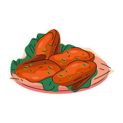 Buffalo wings meal. Vector spicy chicken food or pub meat snack, fried appetizer or poultry platter served as American fast food. Marinated dish for barbecue. Dinner or lunch culinary. Grilled cuisine