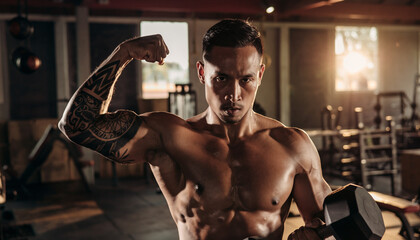 Dynamic image of a strong man lifting weights, tribal tattoos flexing on his arm